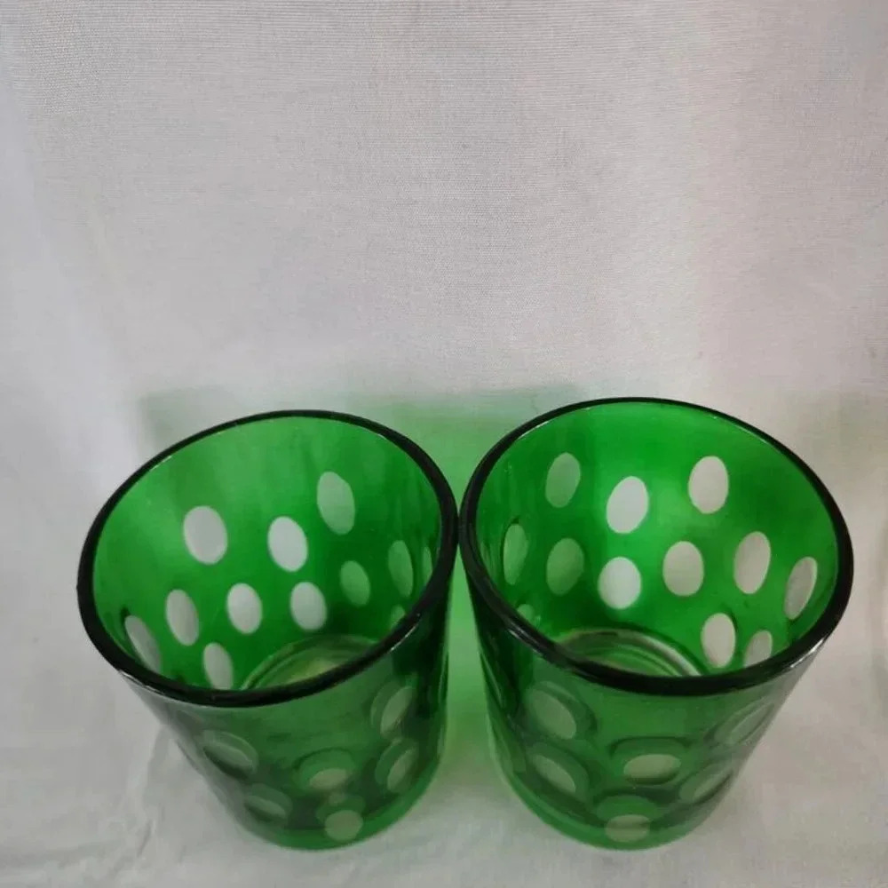 Pair of 2 Vintage Thumb Print/Coin Dot tumblers/Low Ball Glasses Green w/ white - Picture 3 of 7